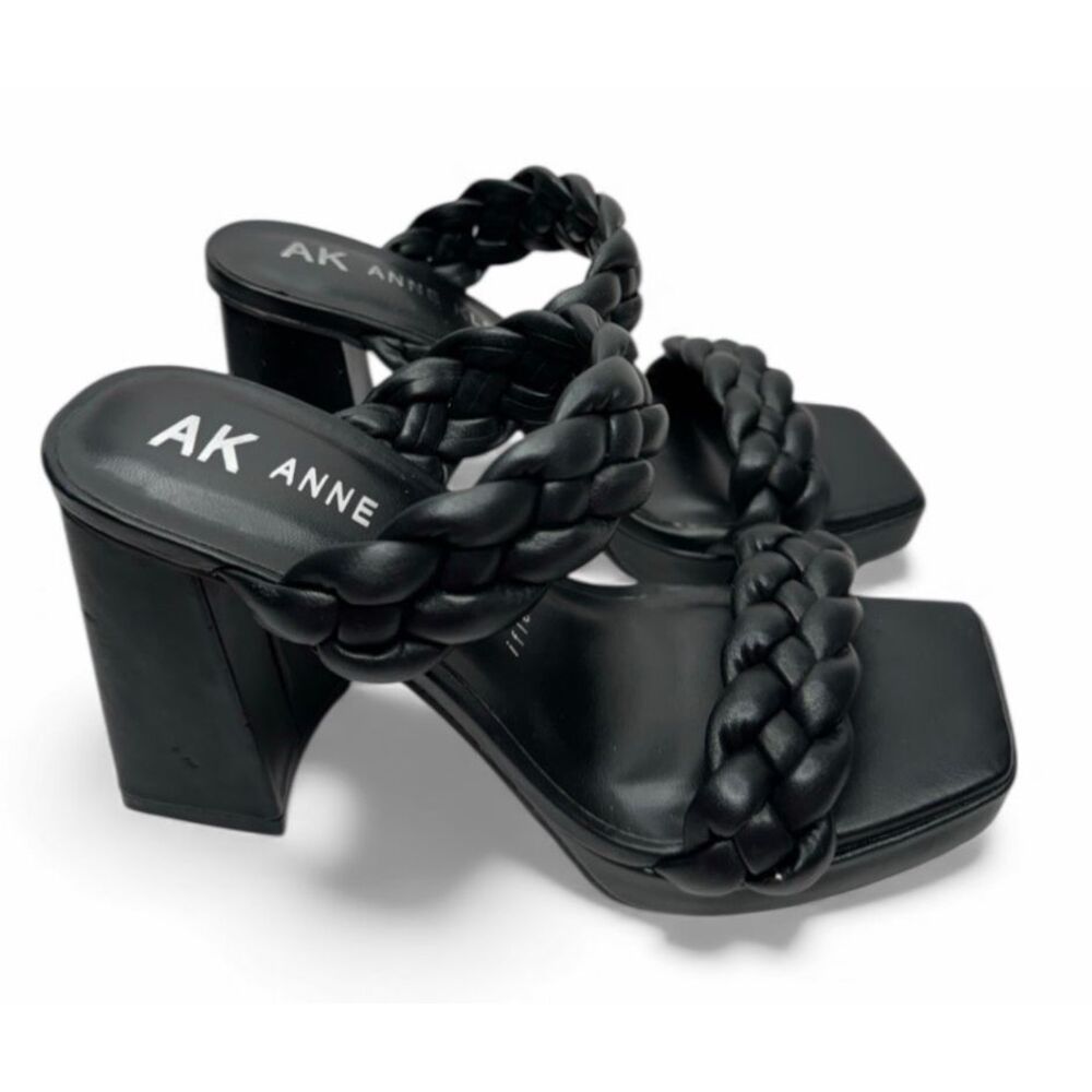 Anne Klein Sandals Womens Size 5.5 Black Braided‎ Double Strap Slip On Heels